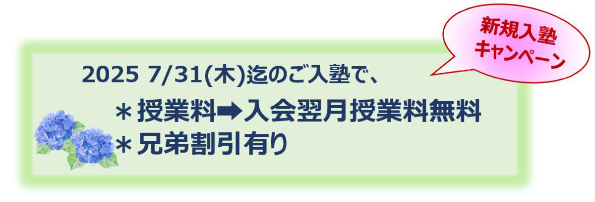 新規入塾キャンペーン
2025 7/31(木)迄のご入塾で、
*授業料➡入会翌月授業料無料
*兄弟割引有り